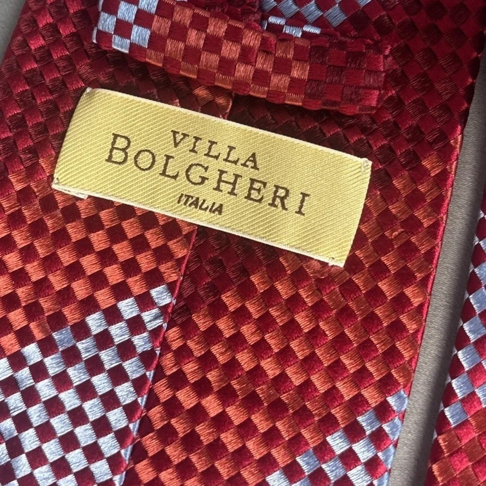 Villa Bolgheri Italy Mens Silk Tie Red Orange Silver Geometric Checkered Stripe